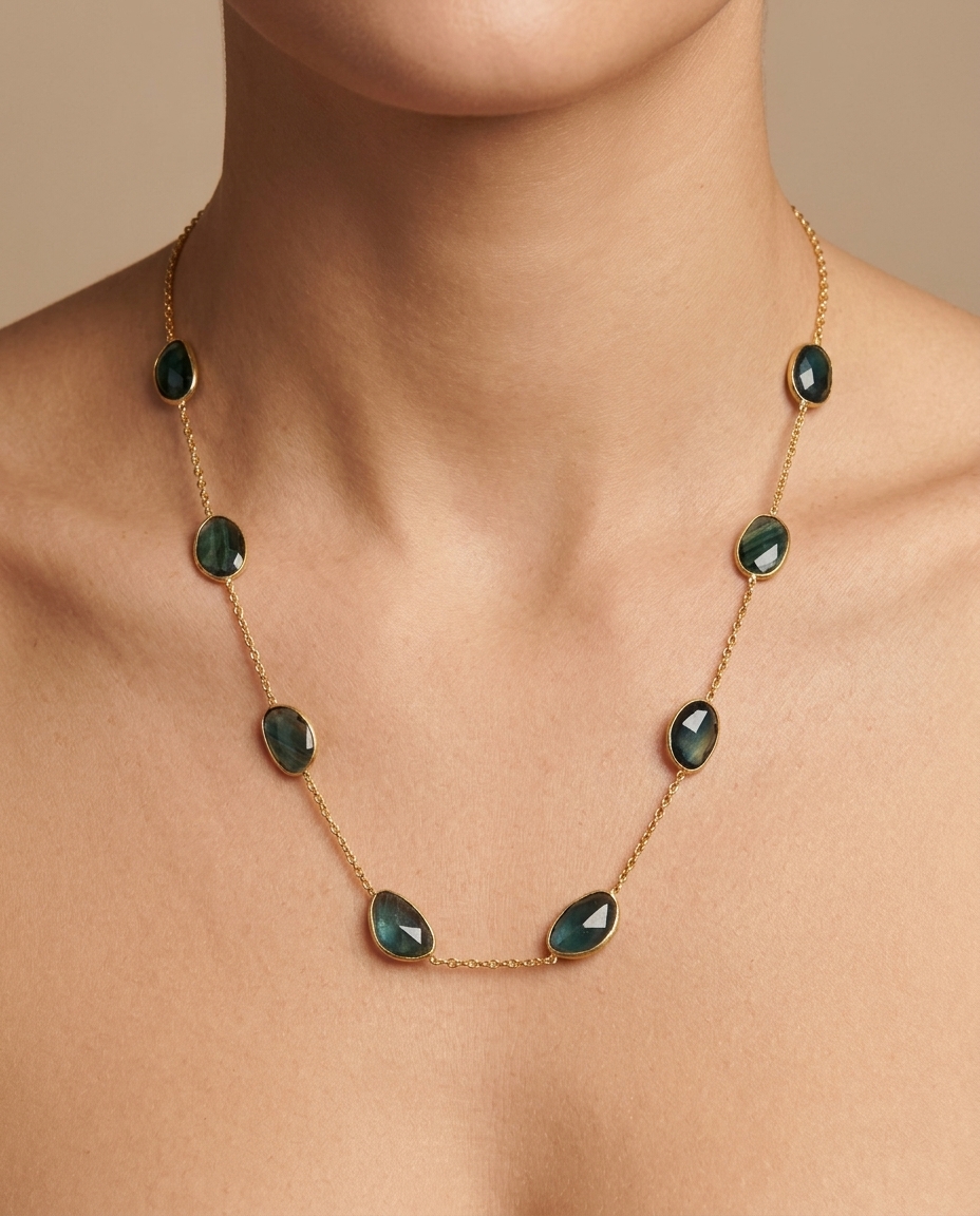 18KT Yellow Gold Green Sapphire Station Necklace on model