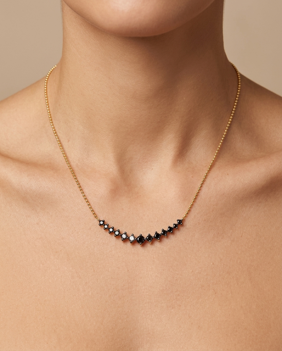 14KT Yellow Gold Black Diamond Ball Chain Necklace on model
