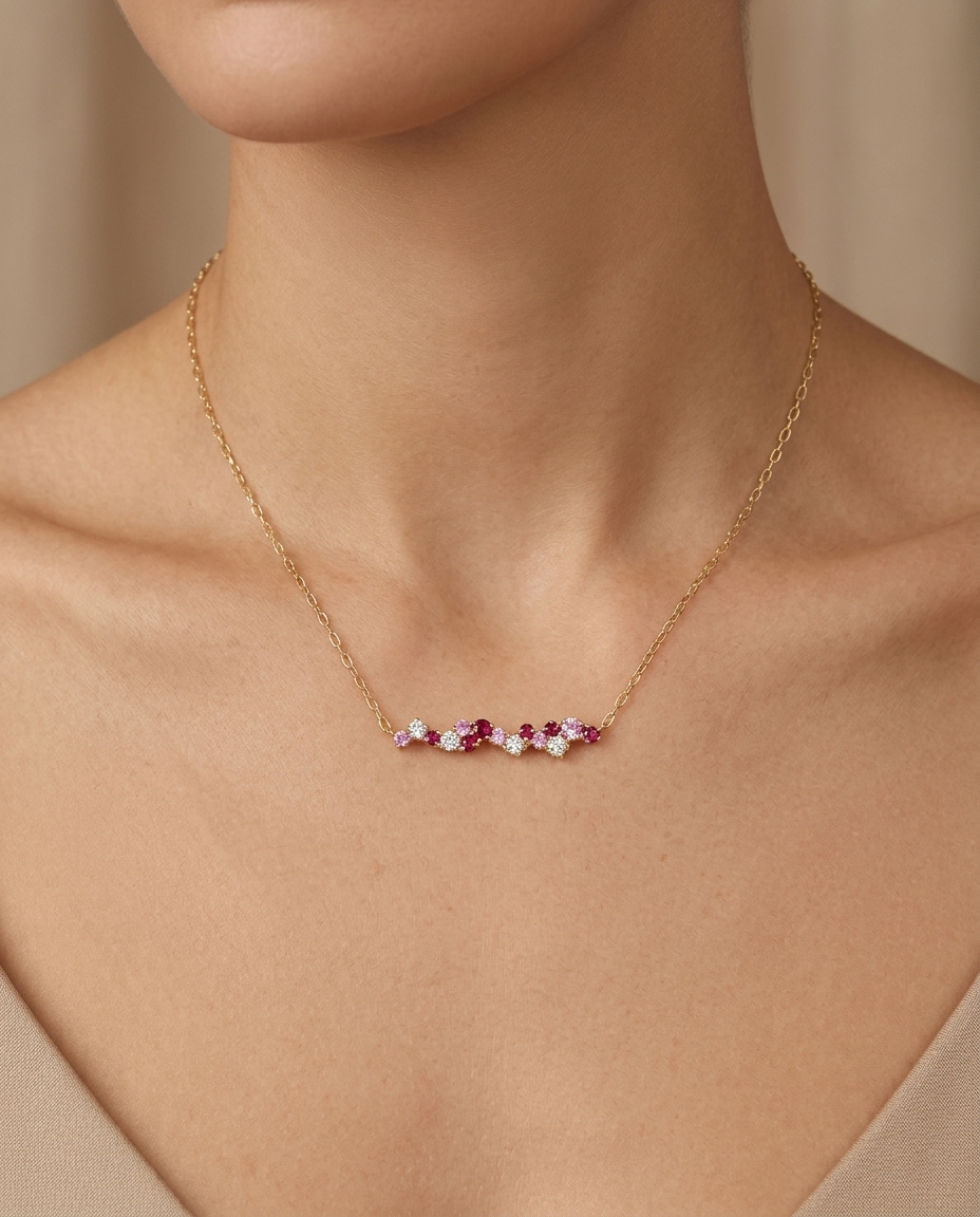 14KT Yellow Gold Ruby and Pink Sapphire Bar Necklace with Diamond on model