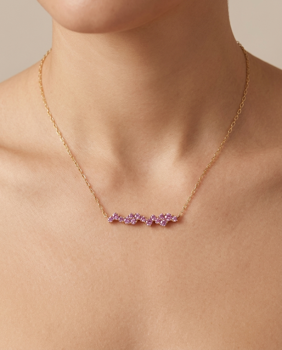 14KT Yellow Gold Pink Sapphire Bar Necklace on model