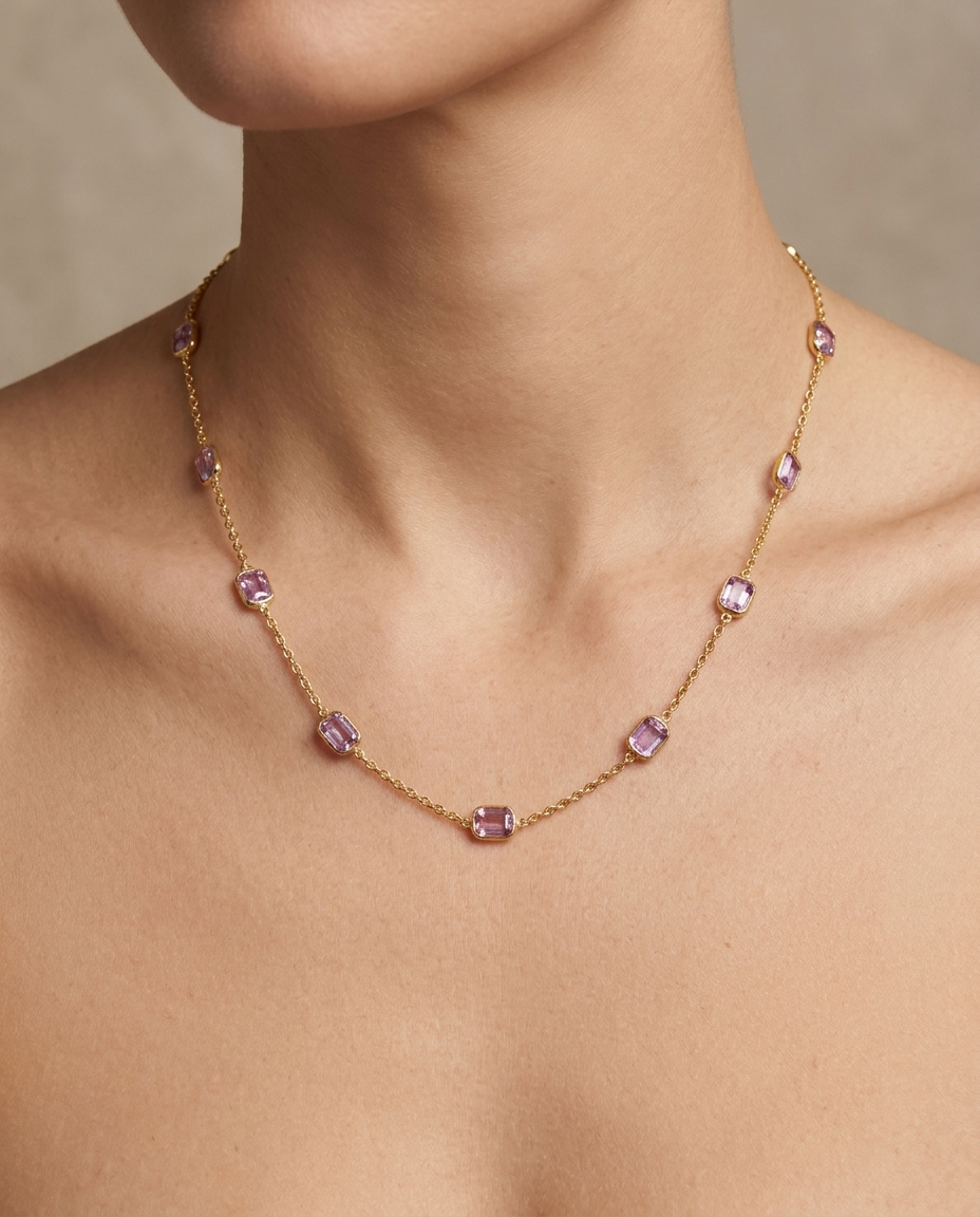 18KT Yellow Gold Bazeled Pink Sapphire Station Necklace 18" on model