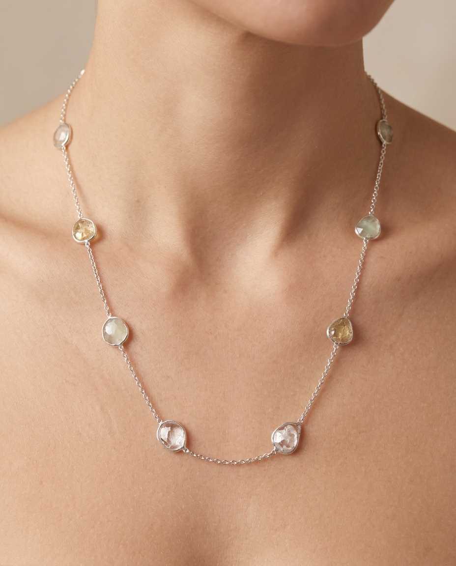 18KT White Gold Bezeled Diamond Slice Cut Necklace 18" on model