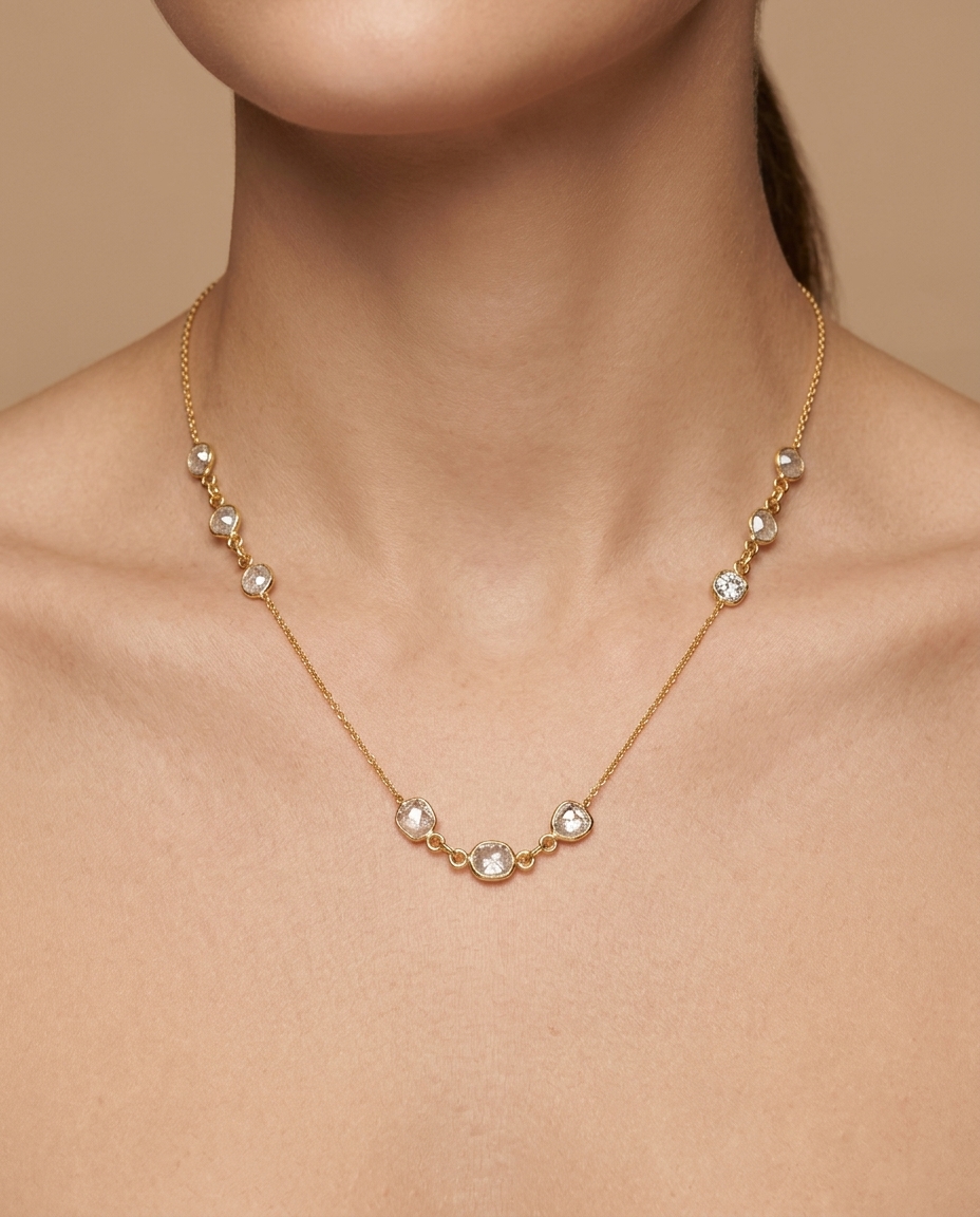 18KT Yellow Gold Bezeled Diamond Slice Cut Necklace 18" on model