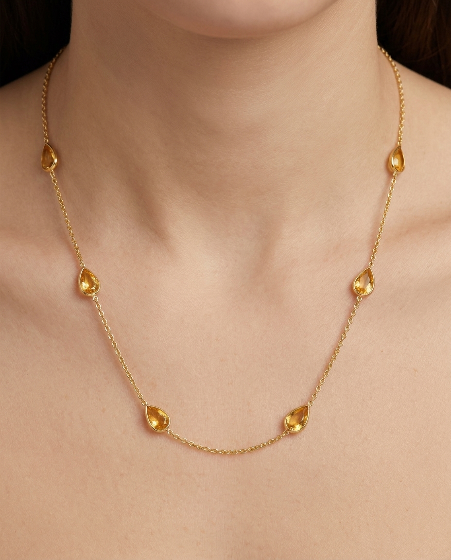 18KT Yellow Gold Bazeled Yellow Sapphire Station Necklace 18" on model