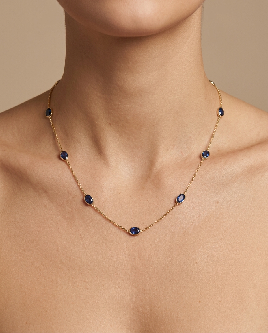 18KT Yellow Gold Bezeled Sapphire Necklace 18" on model
