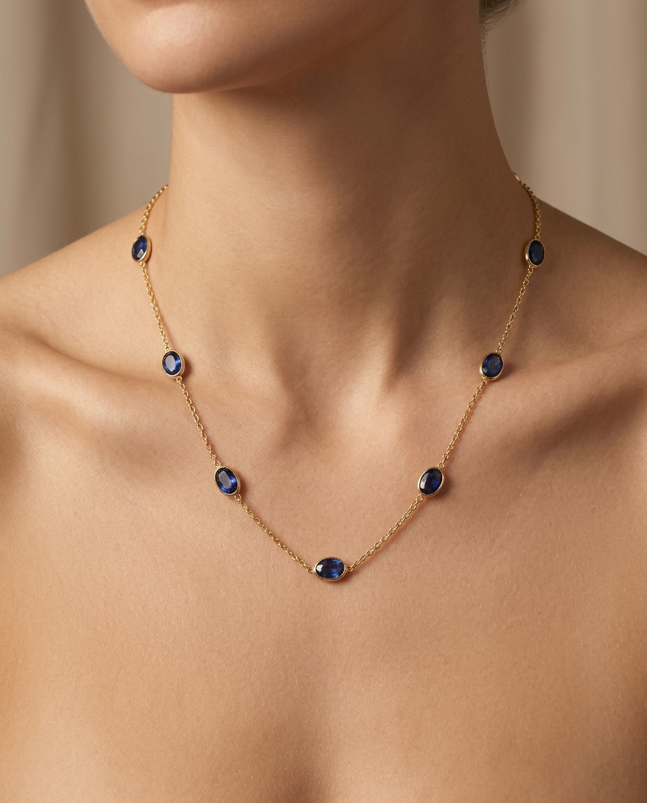 18KT Yellow Gold Bezeled Sapphire Necklace 18" on model