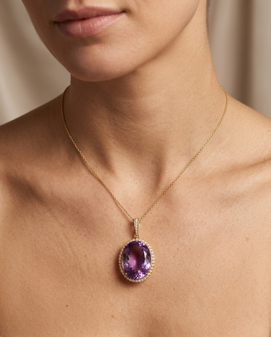 18KT Yellow Gold Amethyst Pendant on model