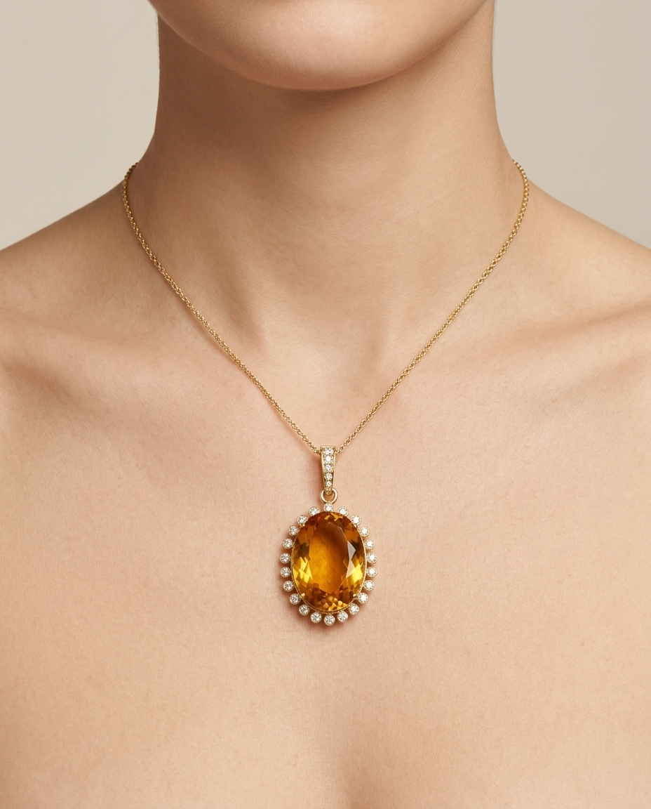 18KT Yellow Gold Citrine and Diamonds Pendant on model