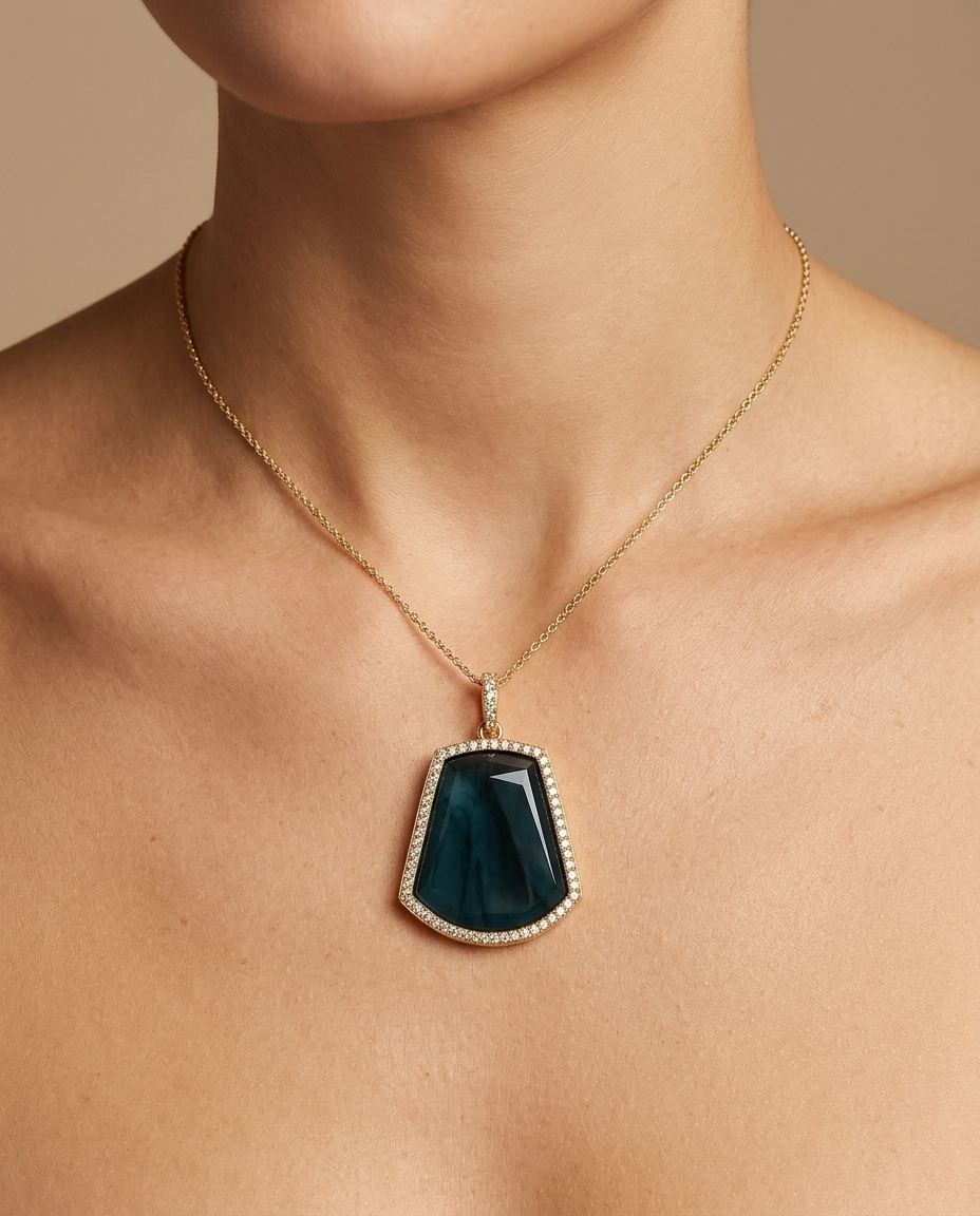 18KT Yellow Gold Blue Tourmaline and Diamonds Pendant on model