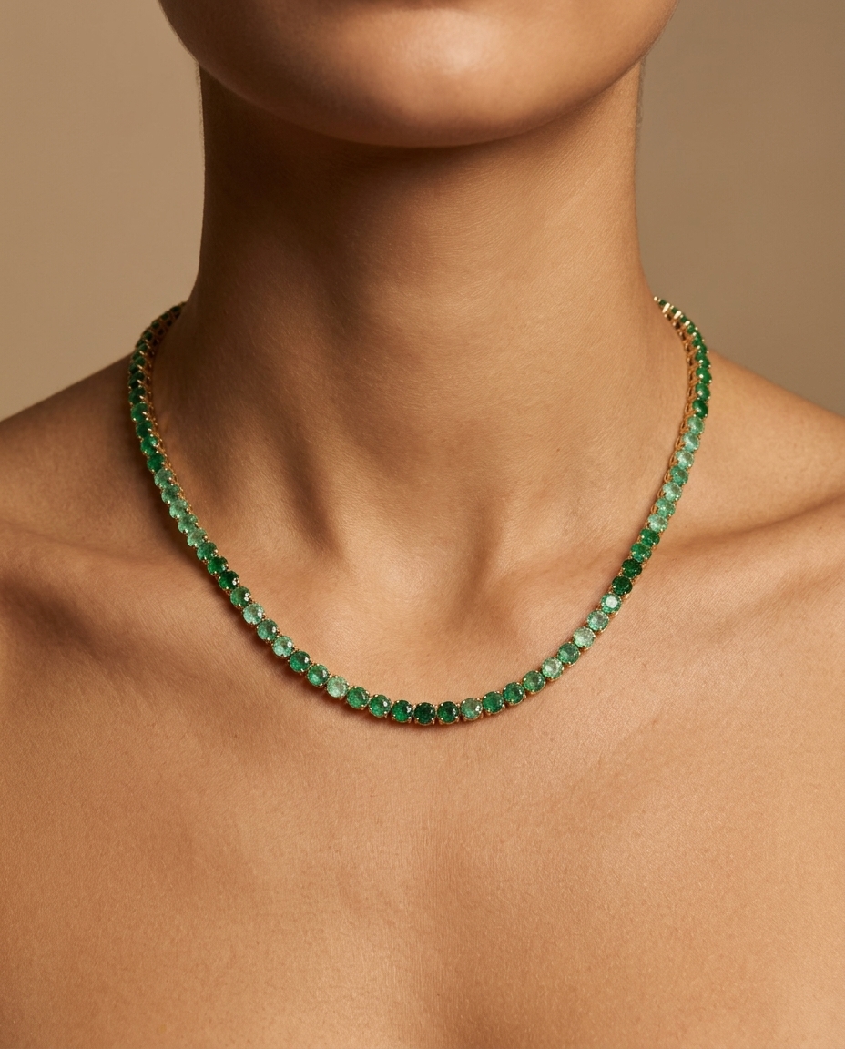 14KT Yellow Gold Emerald Tennis Necklace on model