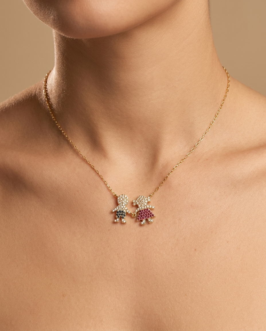 14KT Gold Ruby Blue Sapphire and Diamond Boy and Girl Pendant Necklace on model