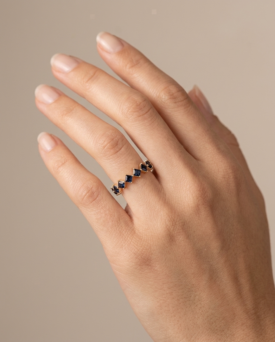 14KT Gold Blue Sapphire Ring on model