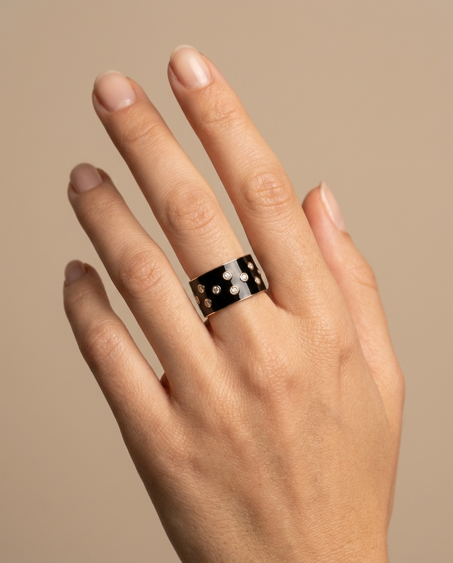 14KT Yellow Gold Diamond Enamel Ring on model