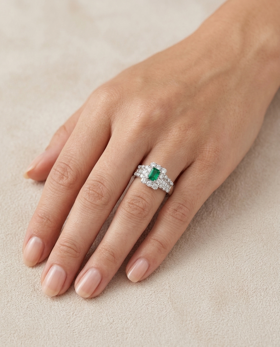 Platinum Emerald and Diamonds Ring on model