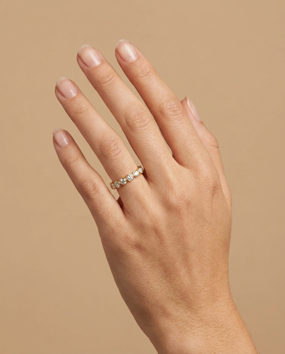 18KT Gold Diamond Bezel Eternity Band on model