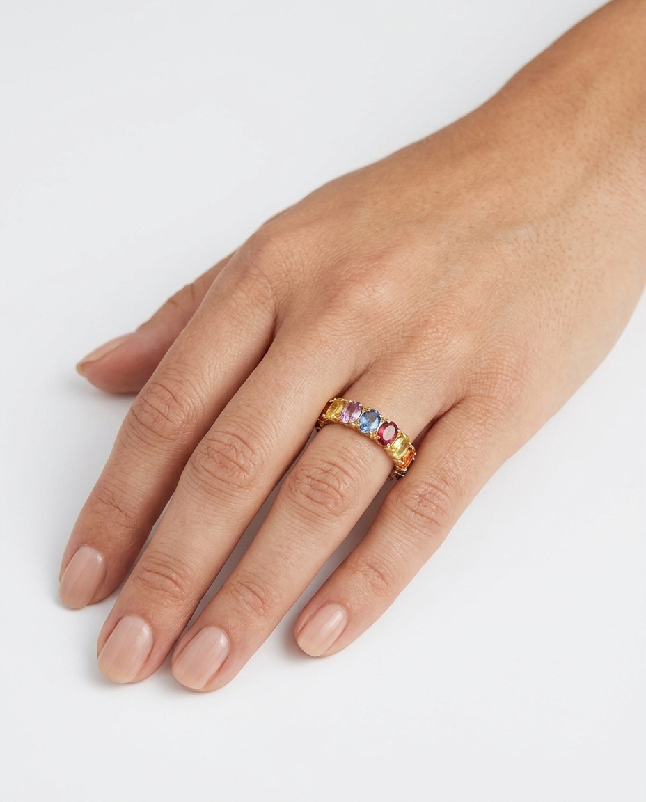 14KT Yellow Gold Multi Sapphire Ring on model