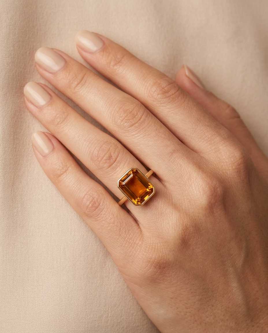 14KT Yellow Gold Citrine Rectangle Ring on model