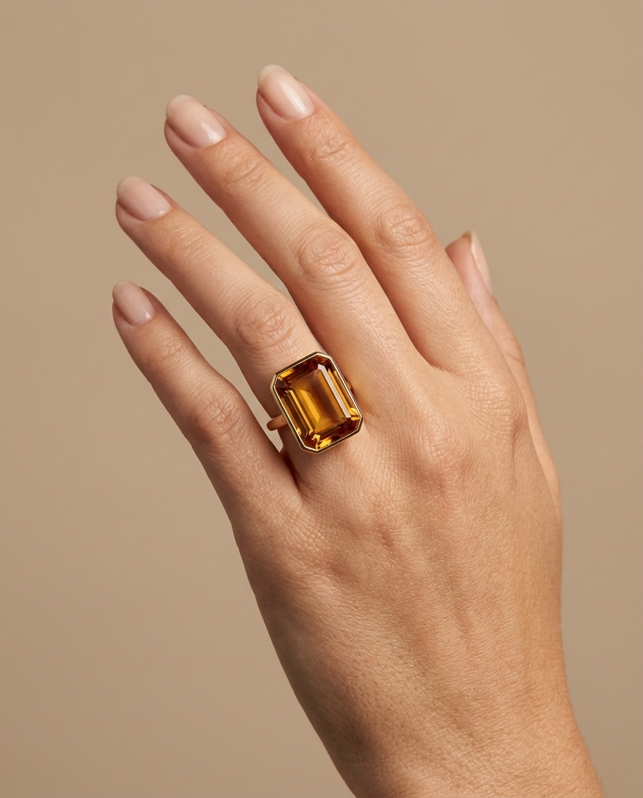 14KT Yellow Gold Citrine Rectangle Ring on model