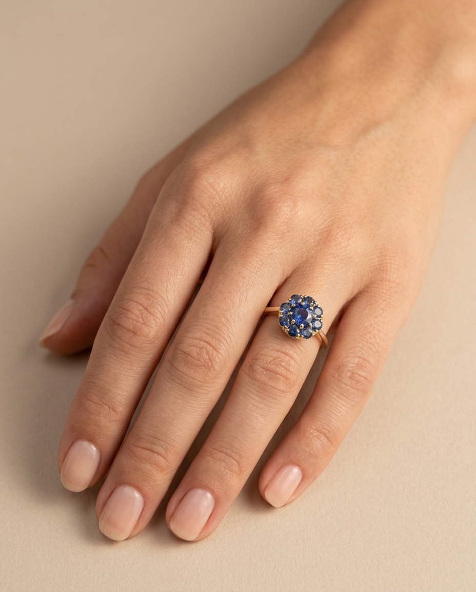 14KT Yellow Gold Sapphire Ring on model