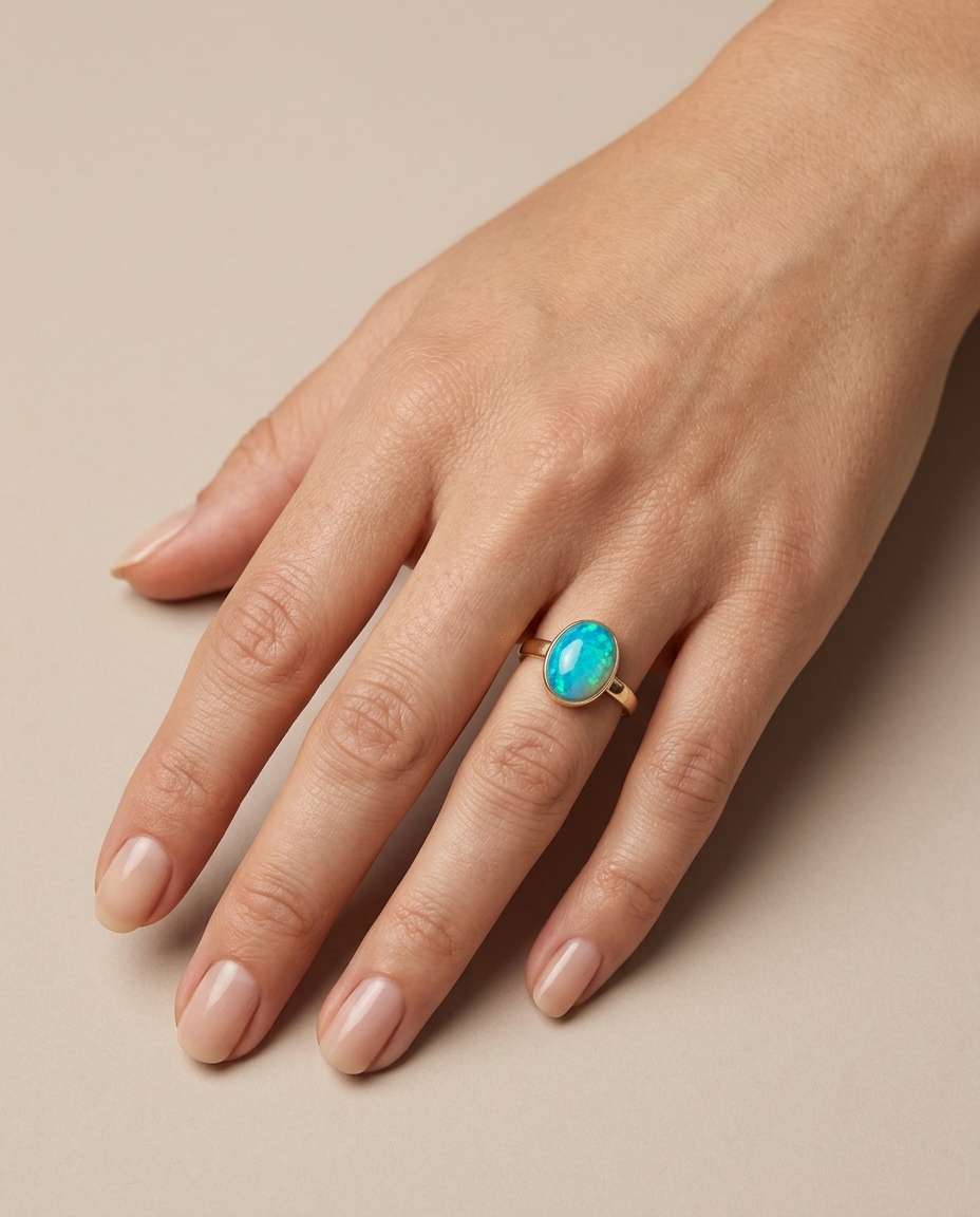 14KT Yellow Gold Opal Ring on model
