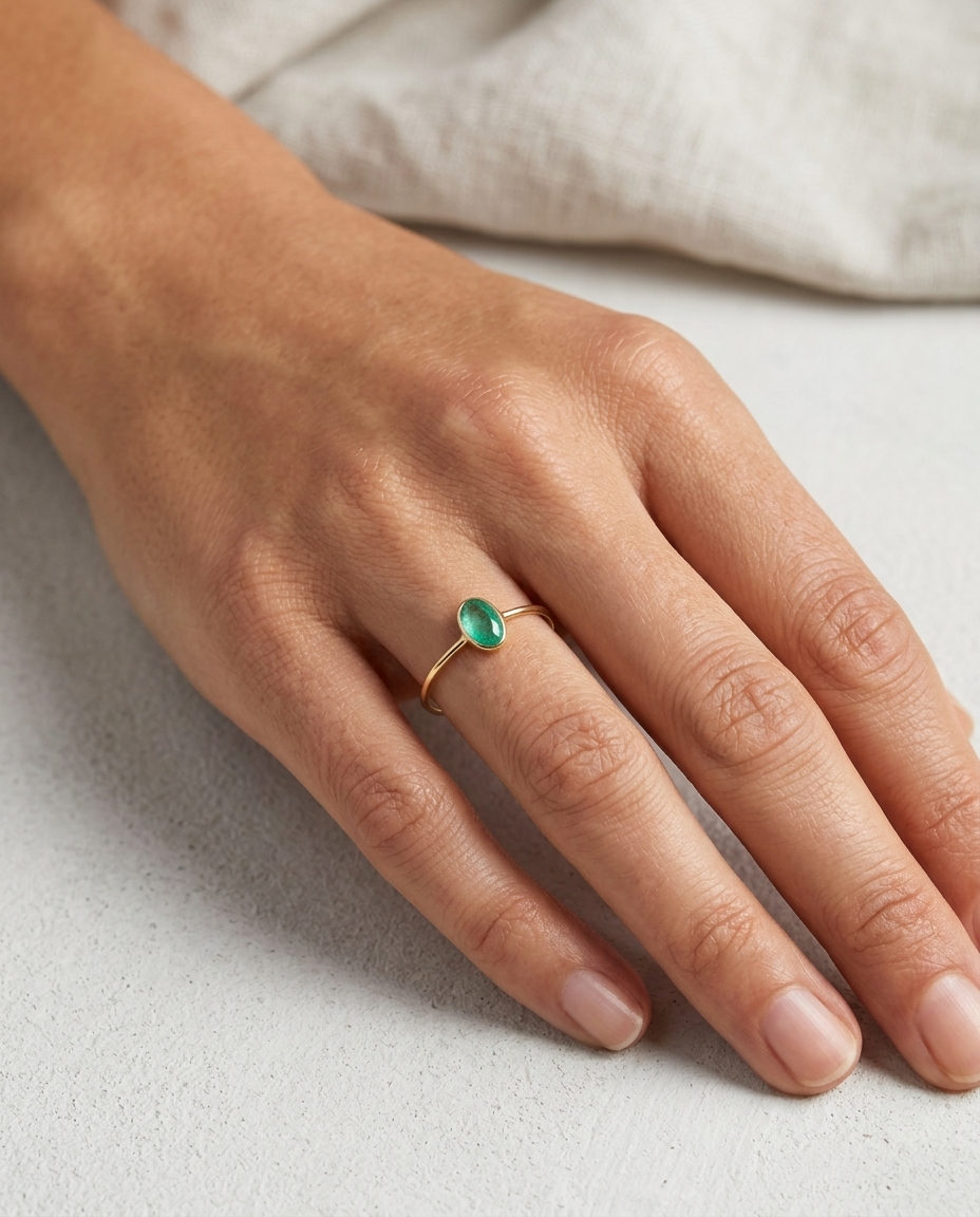 18KT Yellow Gold Emerald Ring on model