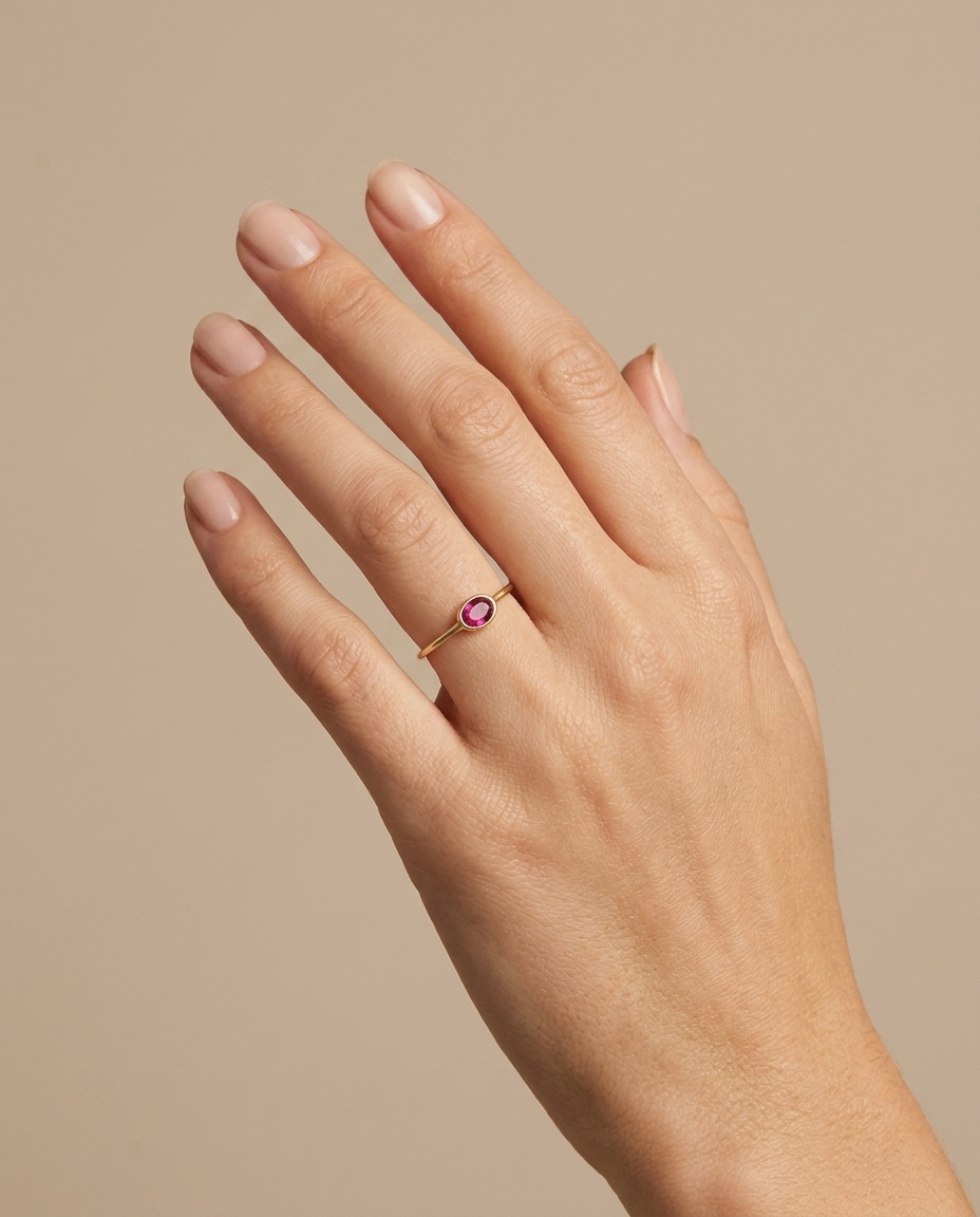 18KT Yellow Gold Ruby Ring on model