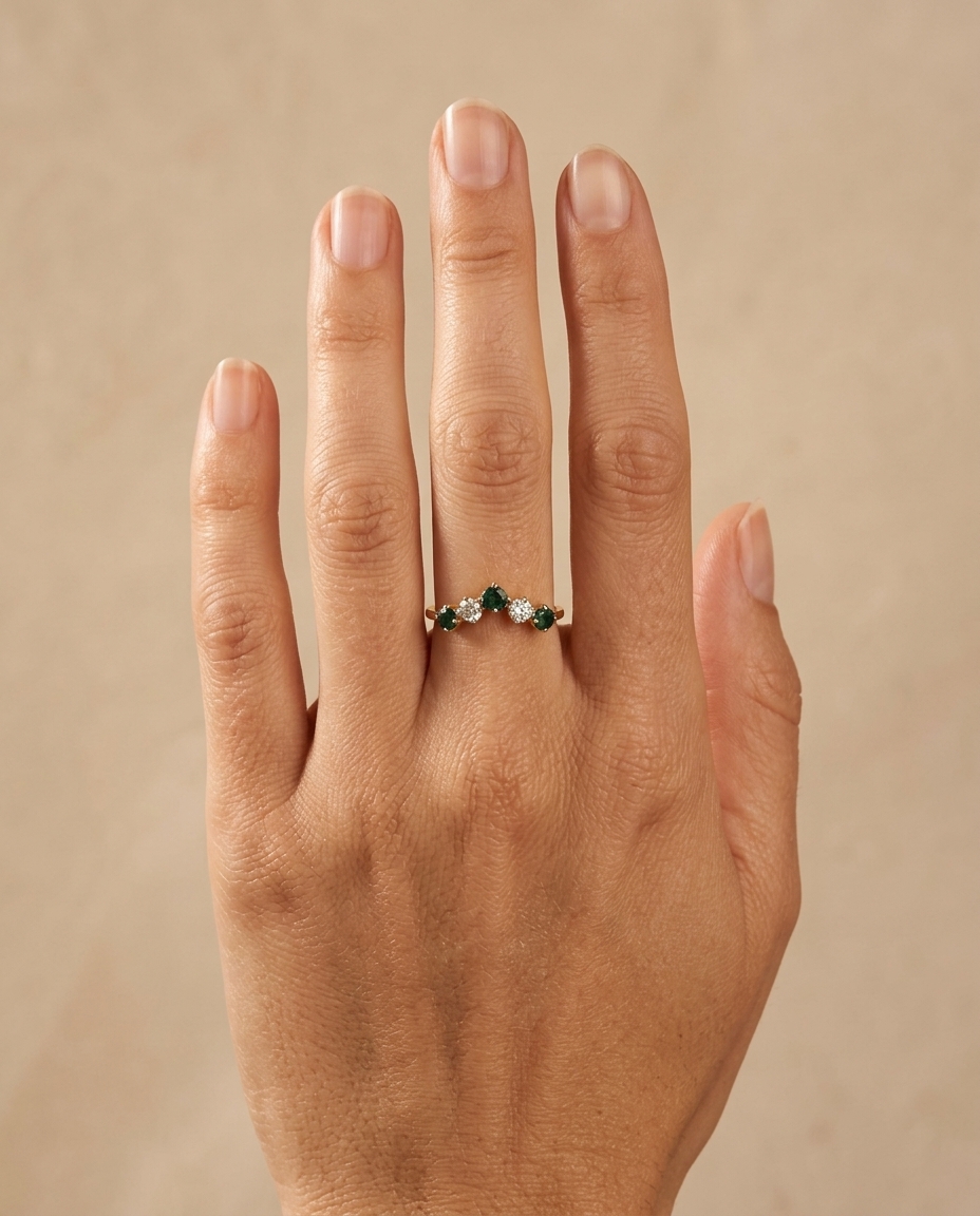 14KT Yellow Gold Emerald and Diamonds Ring on model