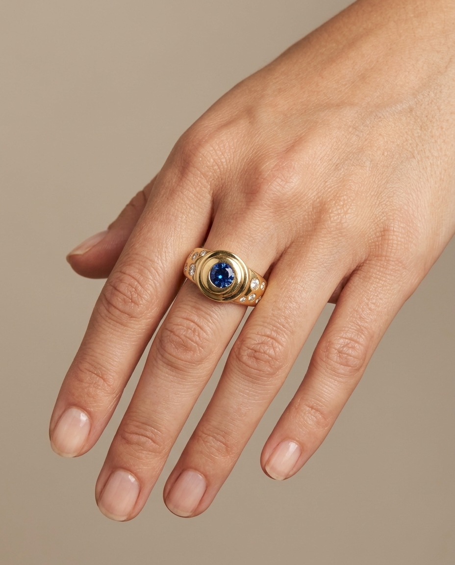 14KT Yellow Gold Blue Sapphire and Diamonds Ring on model