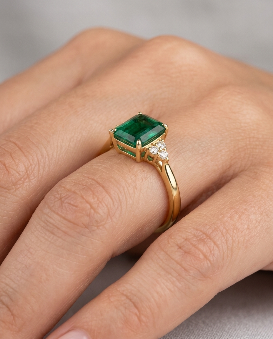 14KT Yellow Gold Emerald and Diamonds Ring on model
