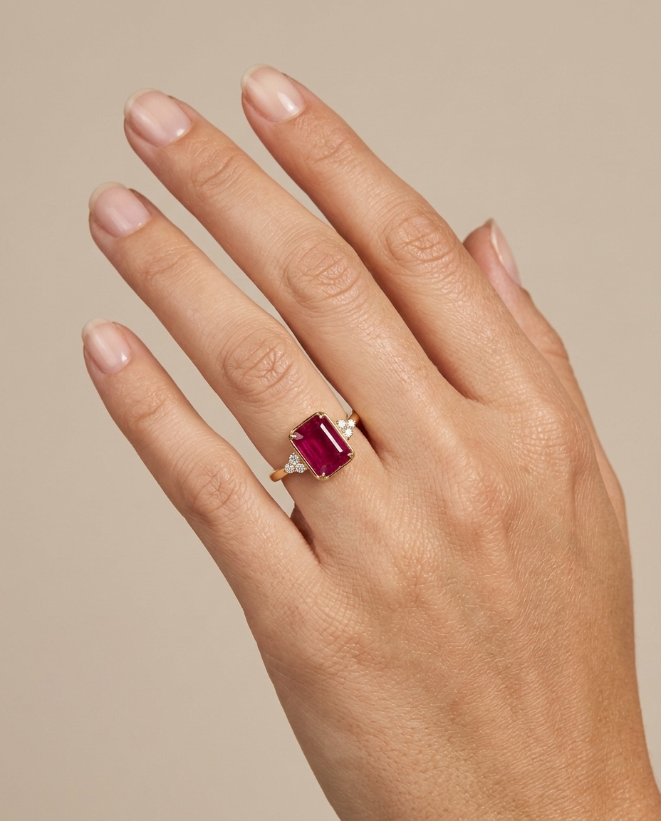 14KT Yellow Gold Ruby and Diamonds Ring on model