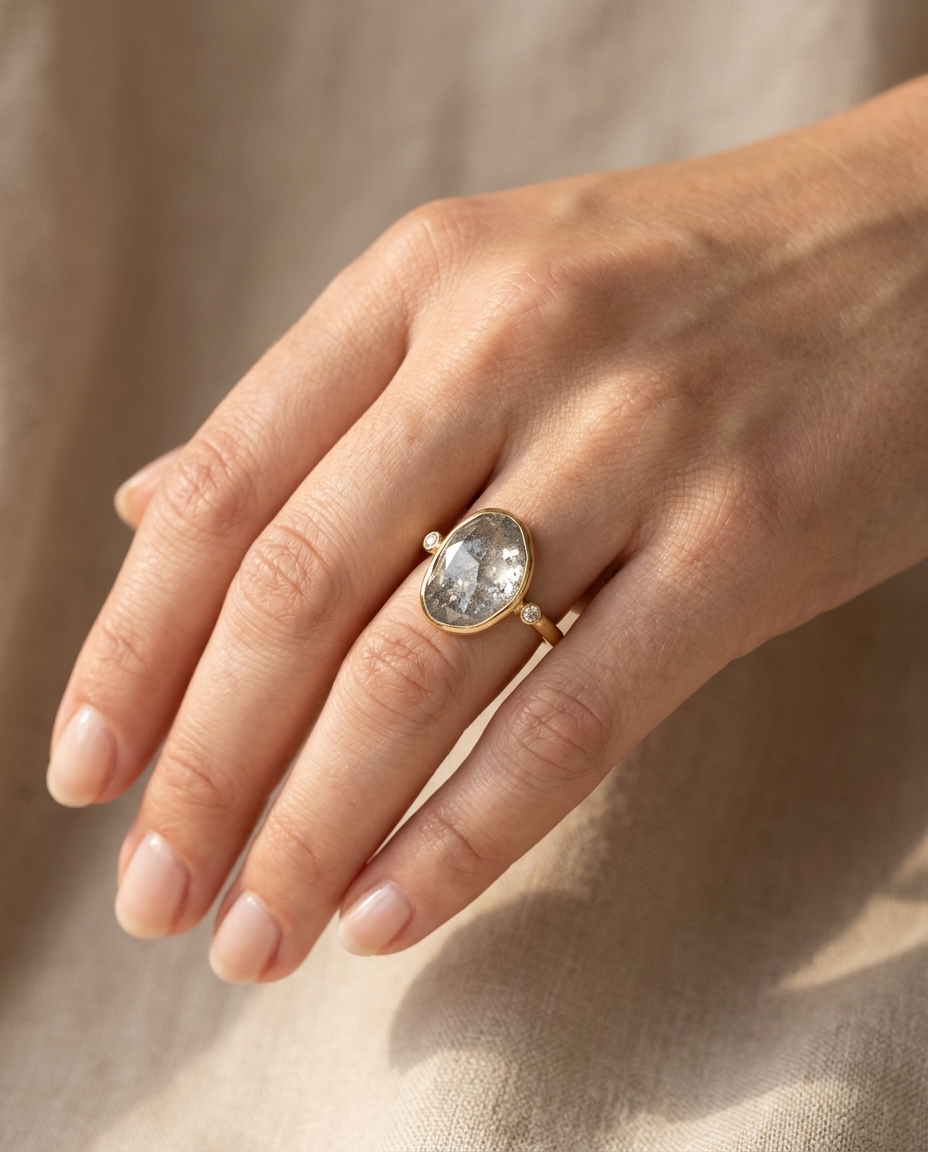 14KT Yellow Gold Aquamarine and Diamonds Ring on model