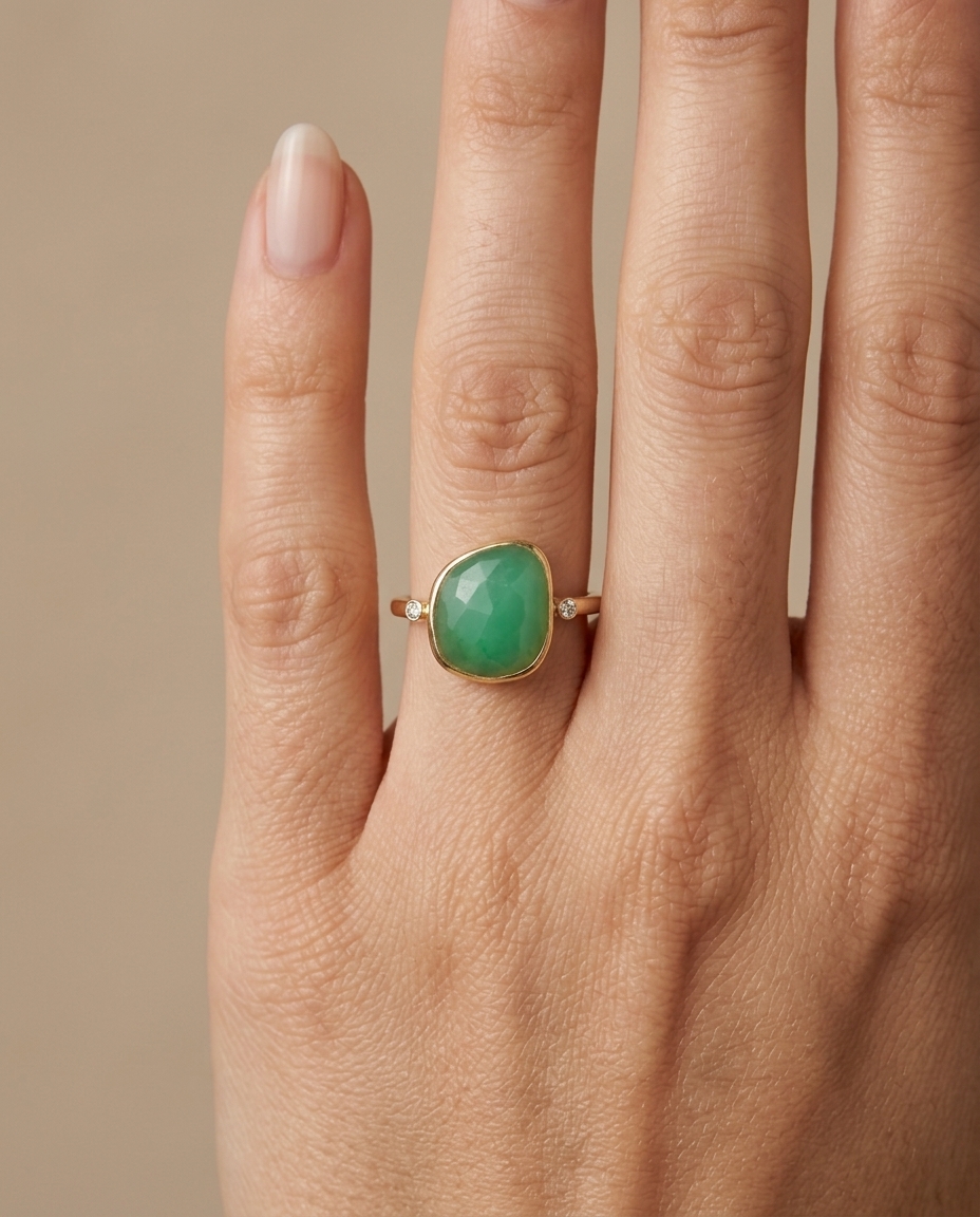14KT Yellow Gold Chrysoprase and Diamonds Ring on model