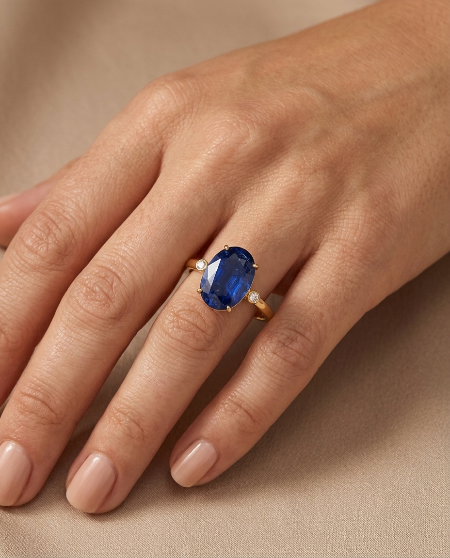 14KT Yellow Gold Kyanite and Diamonds Ring on model