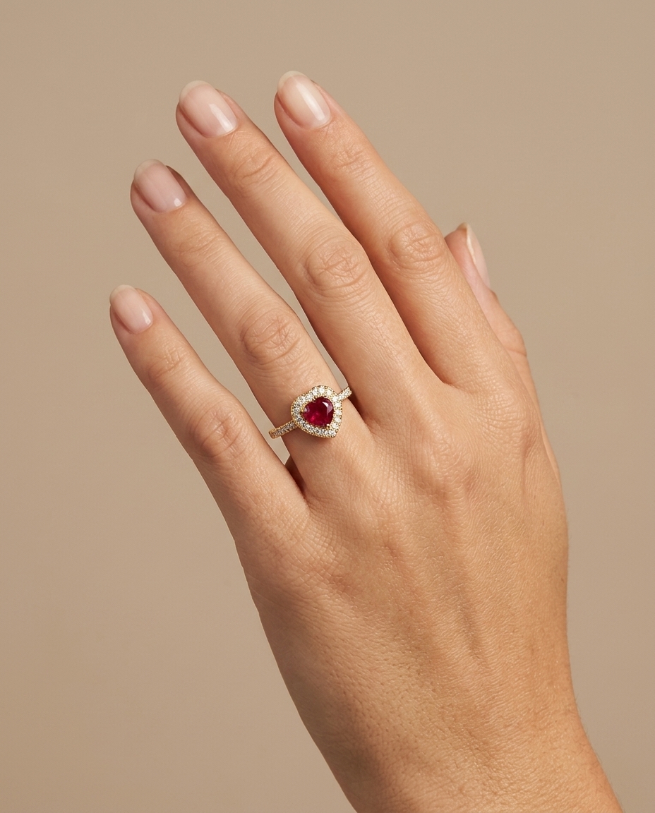 14KT Yellow Gold Heart Shape Ruby and Diamonds Ring on model