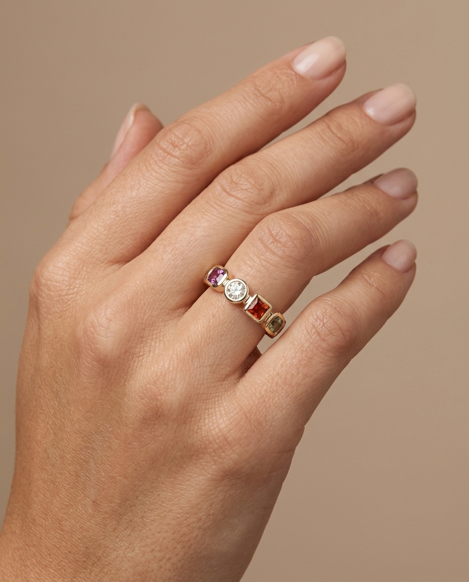 14KT Gold Multi Sapphire Ring on model