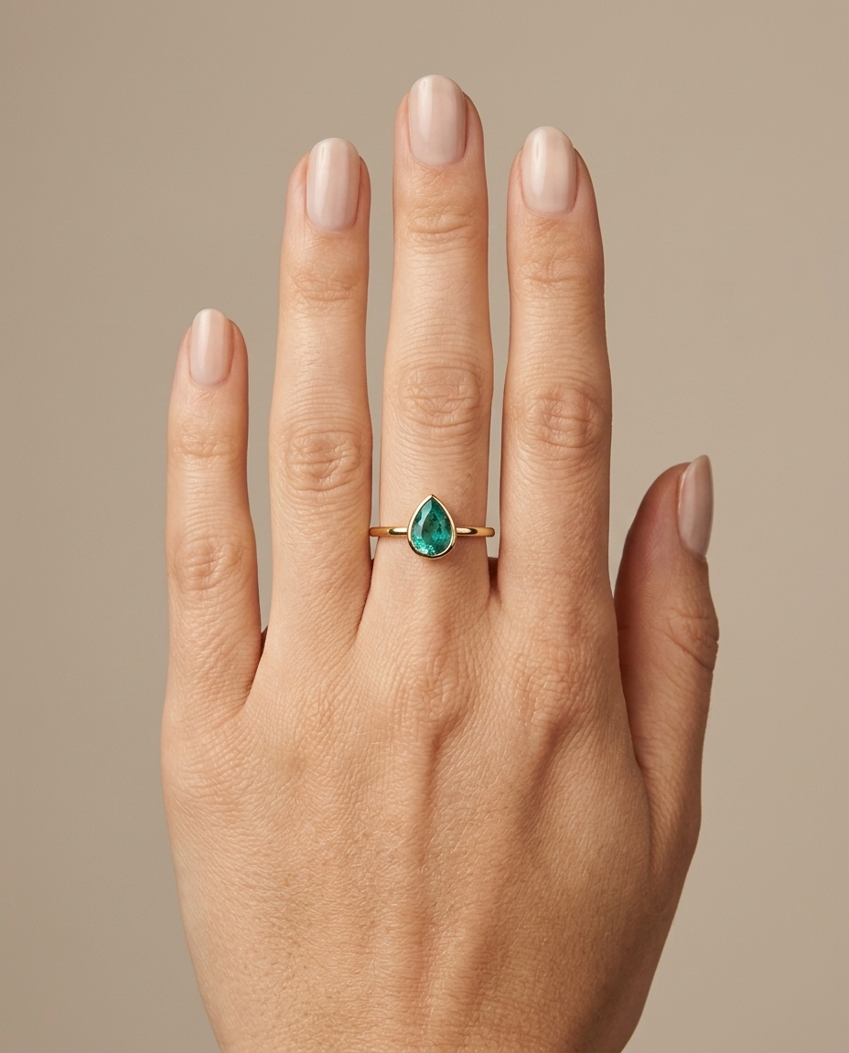 14KT Yellow Gold Emerald Ring on model