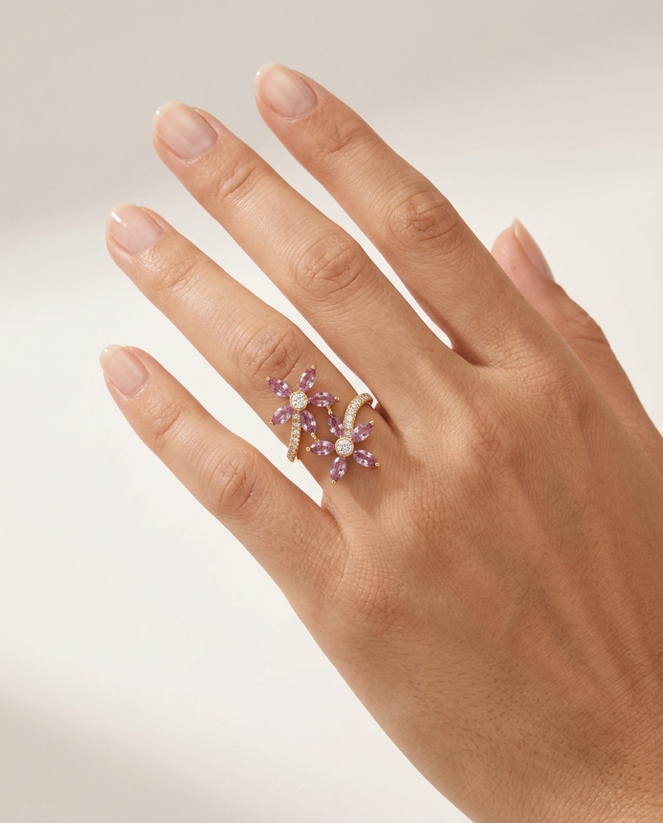 14KT Yellow Gold Pink Sapphire and Diamond Ring on model
