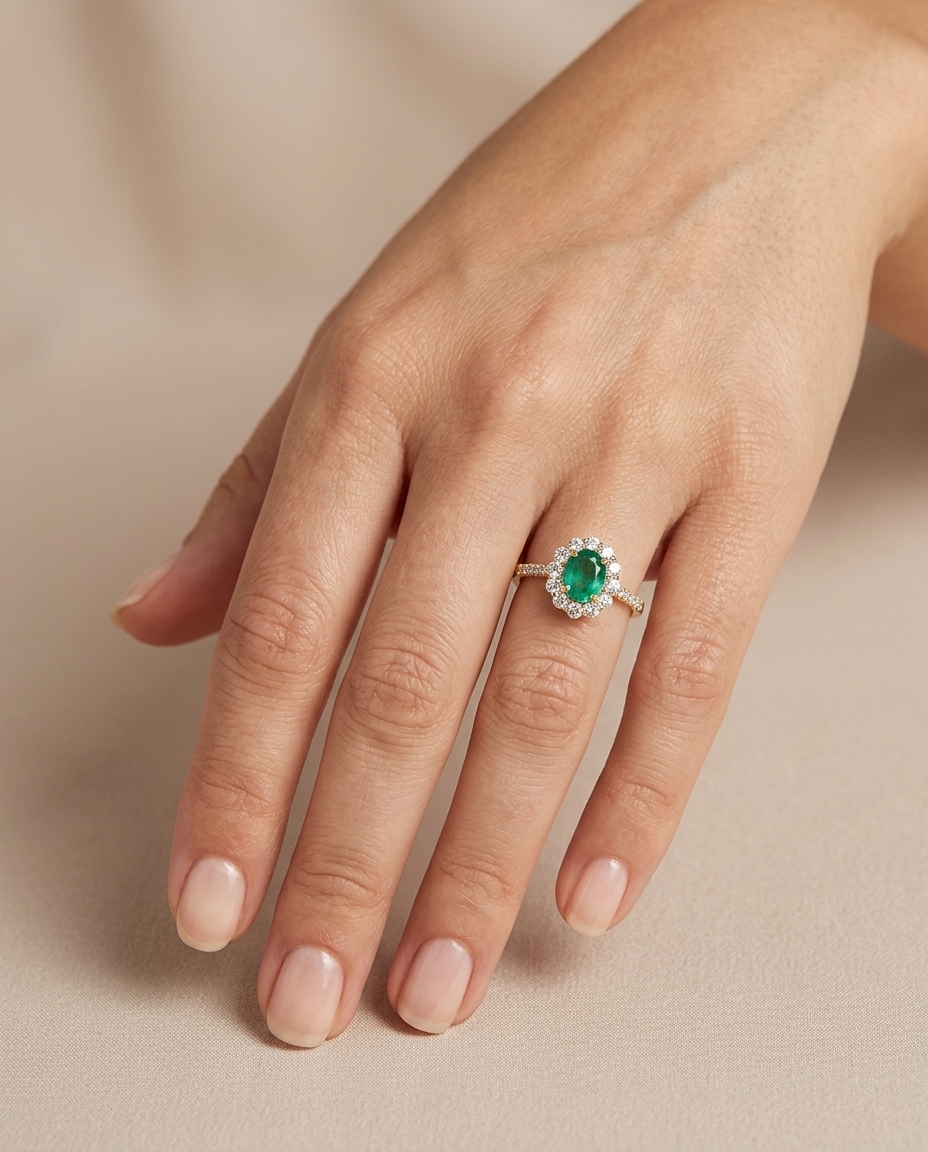 14KT Yellow Gold Ring with Emerald and Diamonds on model
