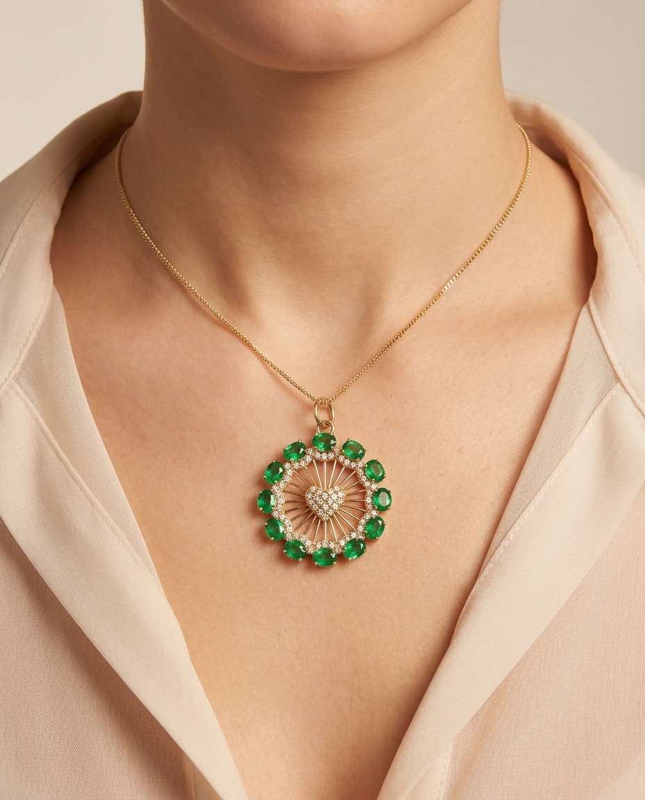 14KT Gold Diamonds/ Emerald Heart Round Pendent on model