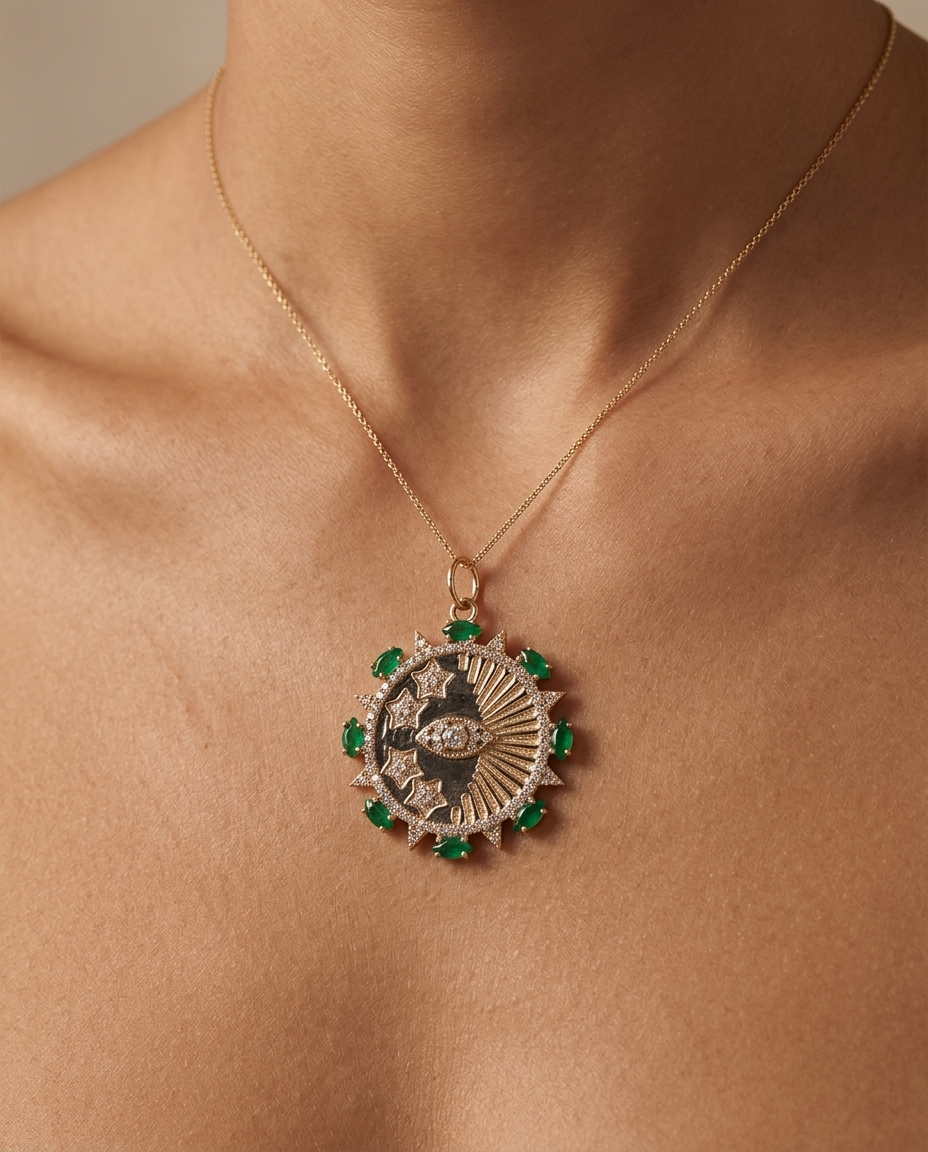 14KT Gold Diamonds/ Emerald with Evil Eye Round Pendent on model