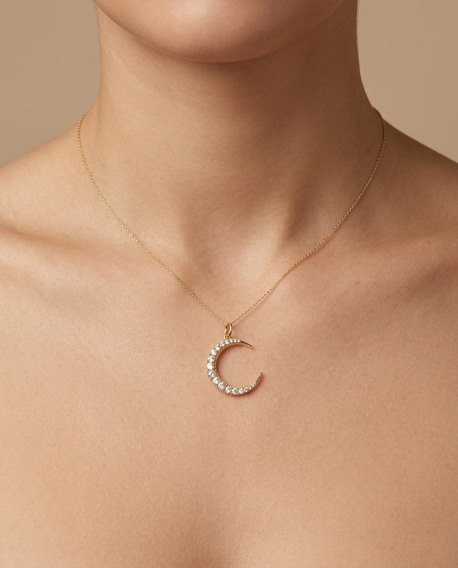 14KT Yellow Gold Half Moon Diamond Pendant on model