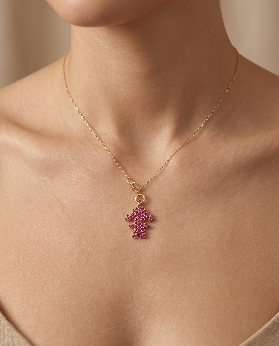 14KT Yellow Gold Girl Pendant with Ruby on model