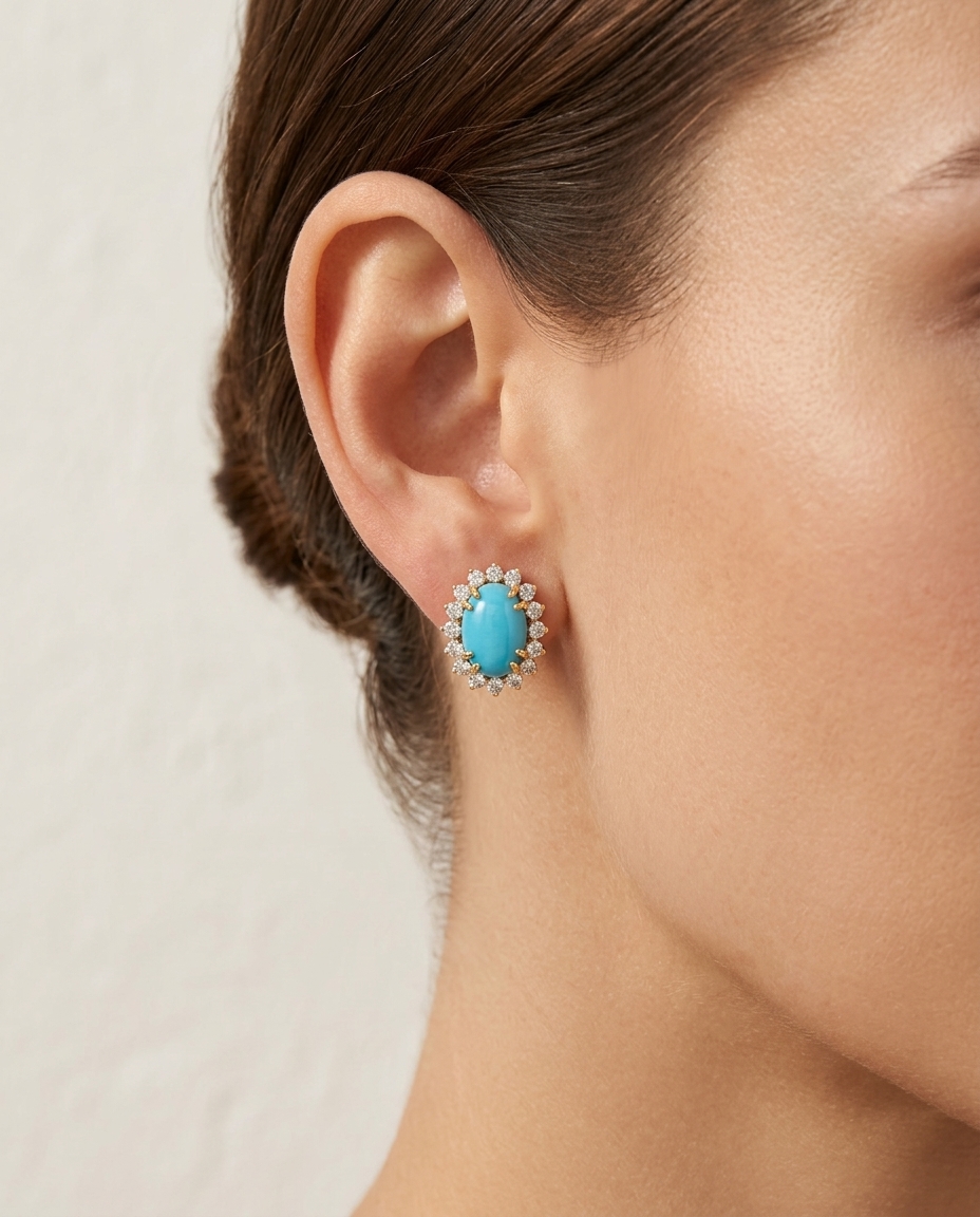 14KT Gold Turquoise and Diamonds Earring view 2