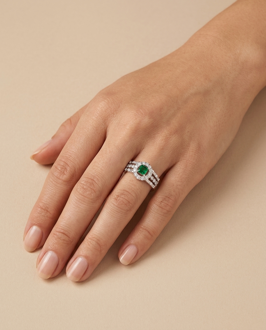 Platinum Emerald and Diamonds Ring on model