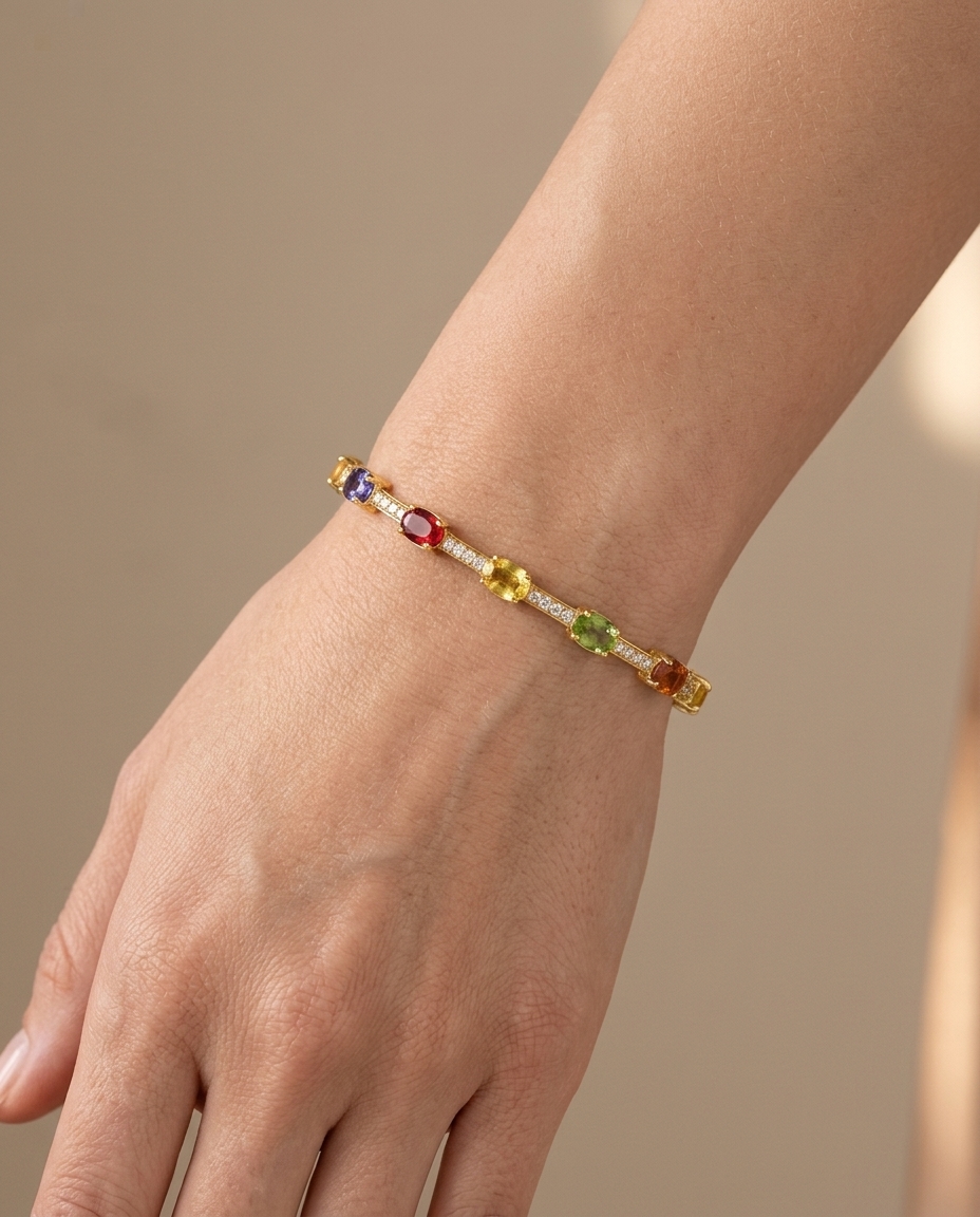 14KT Gold Multi Sapphire and Diamonds Bracelet on model