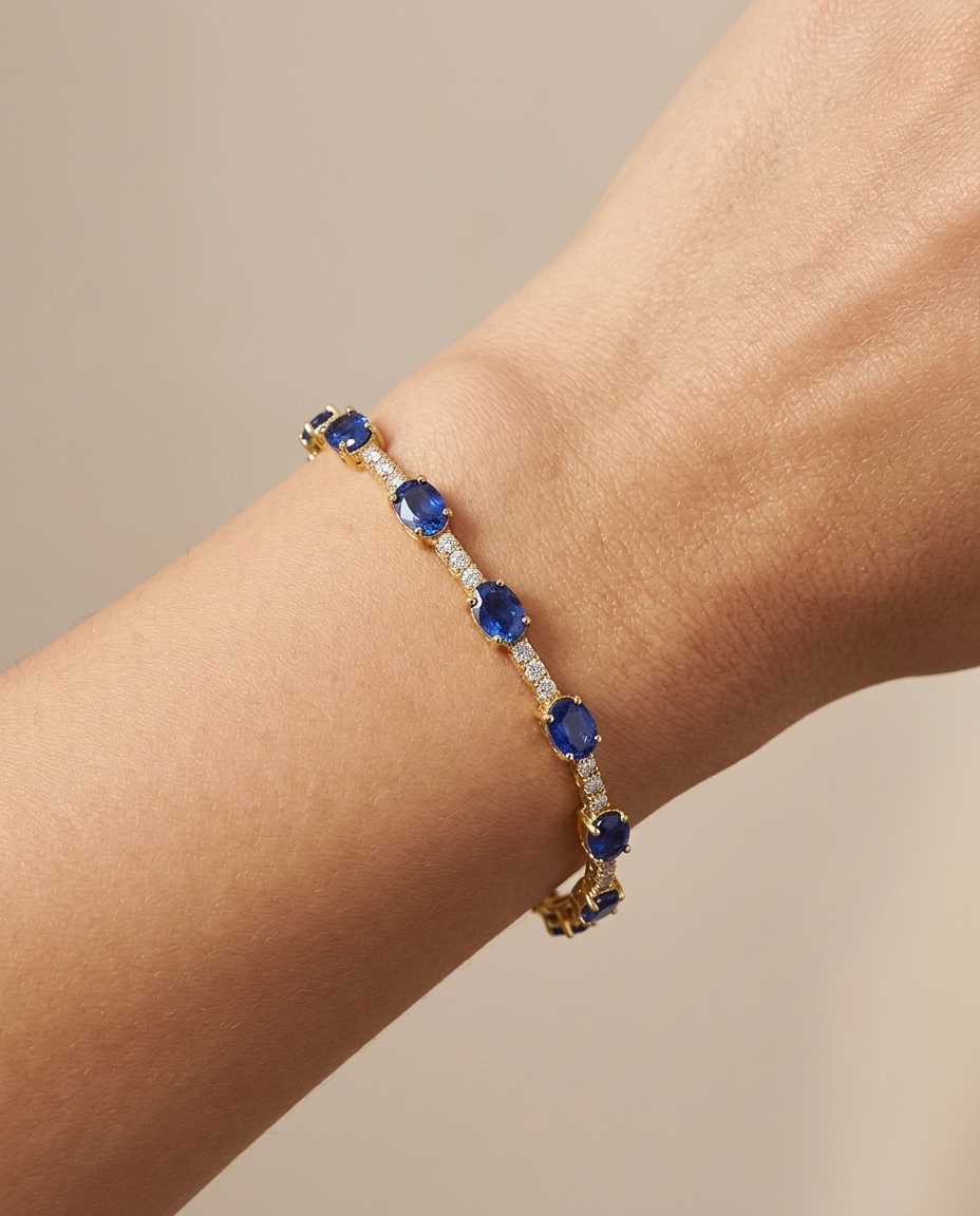 14KT Gold Blue Sapphire and Diamonds Bracelet on model
