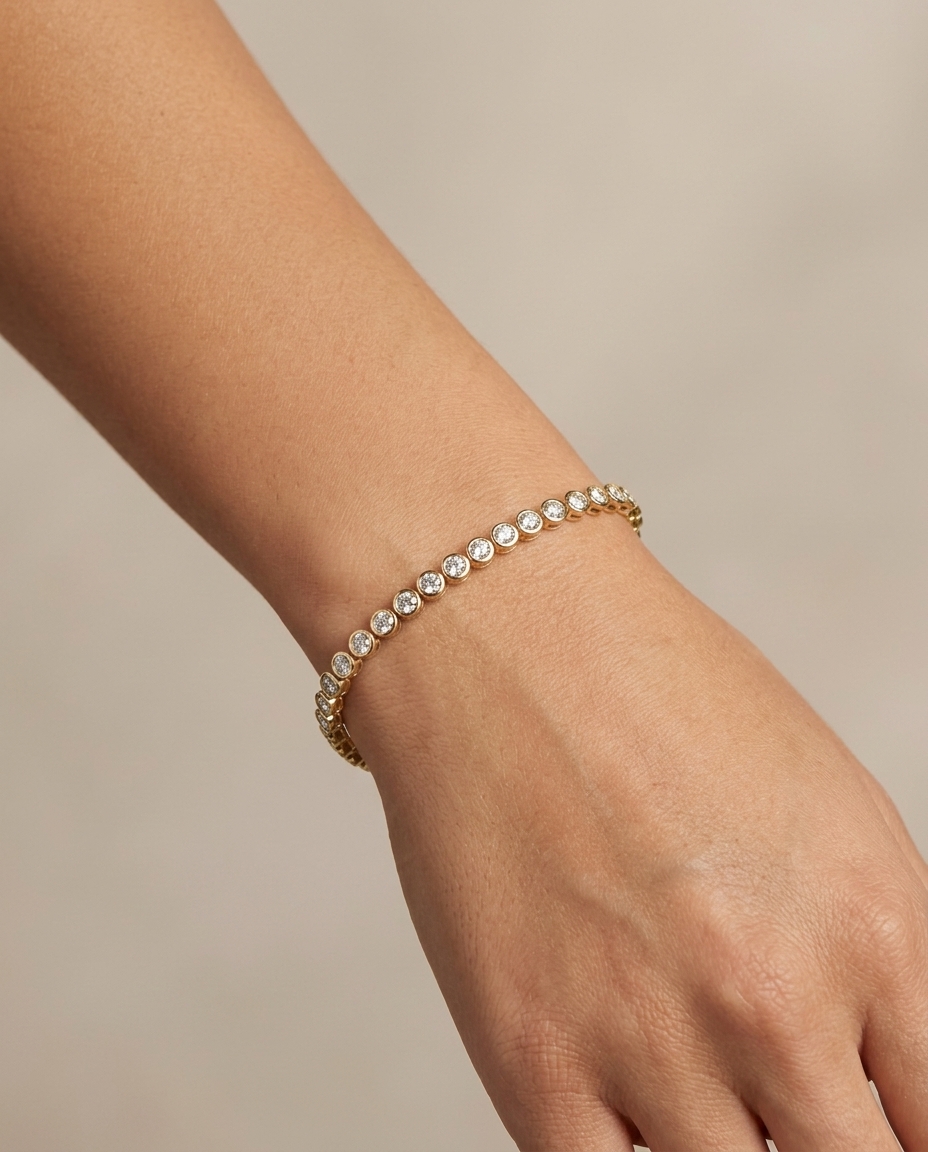 14KT Yellow Gold Diamond Bezel Tennis Bracelet on model