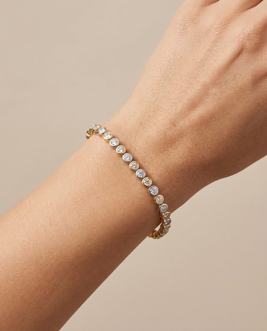 14KT Two Tone Diamond Bezel Tennis Bracelet on model