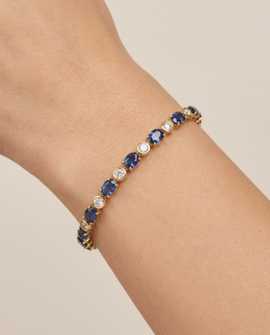 14KT Yellow Gold Blue Sapphire and Bezeled Diamonds Bracelet on model