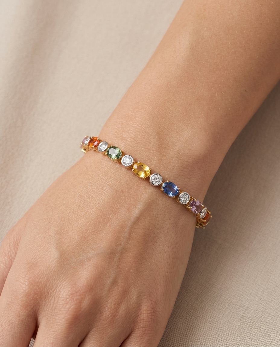 14KT Two Tone Multi Sapphire and Diamonds Bracelet on model